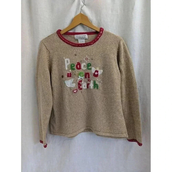 Peace on Earth Holiday knit sweater, sequins, beads, tan with red detail T5 - Picture 5 of 6